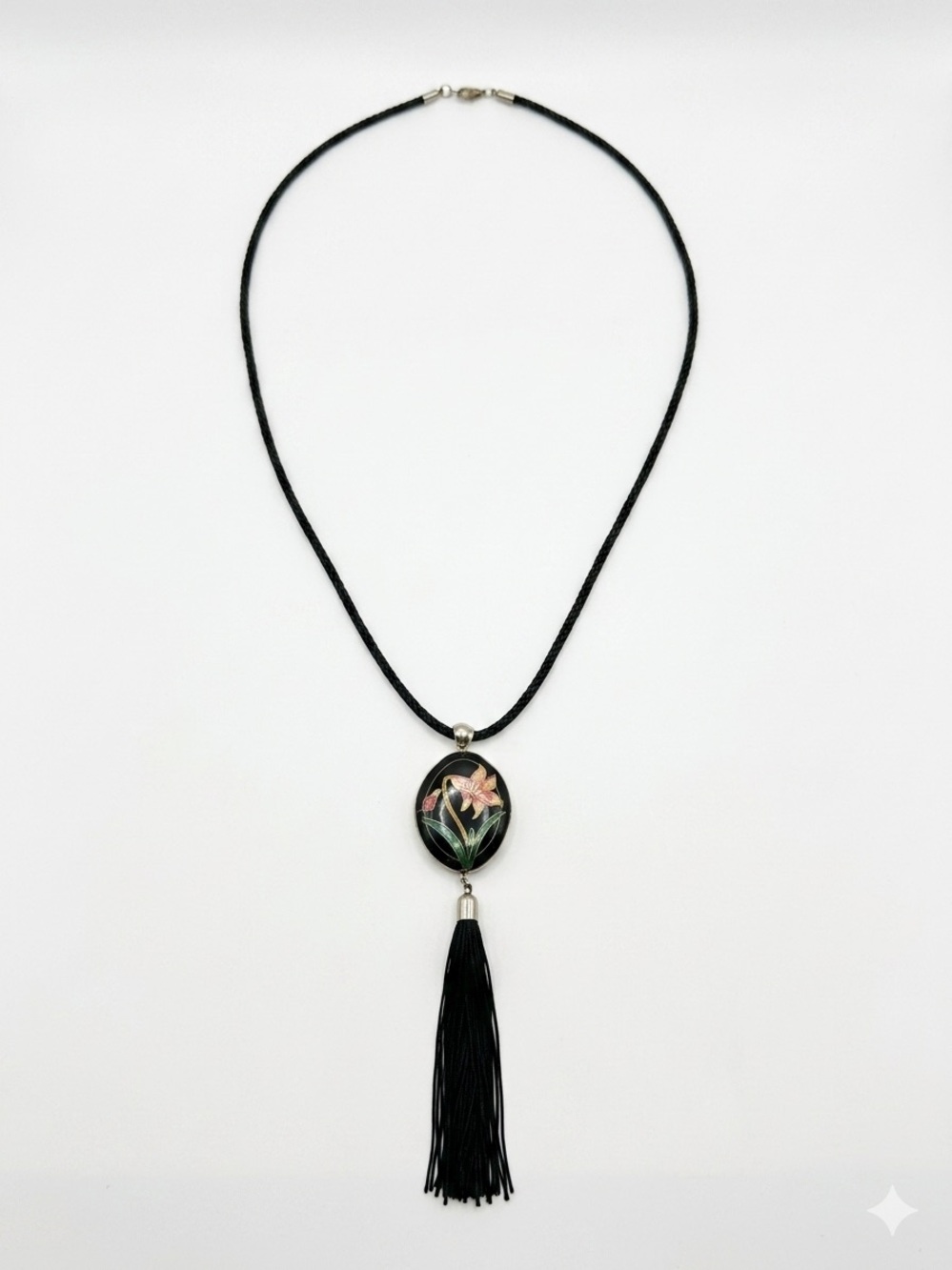 Vintage Black Floral Oval Pendant Necklace with Tassel